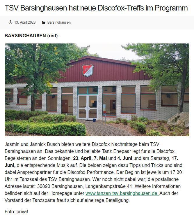 13.04.2023 - Deister-Echo - TSV Barsinghausen hat neue Discofox-Treffs im Programm