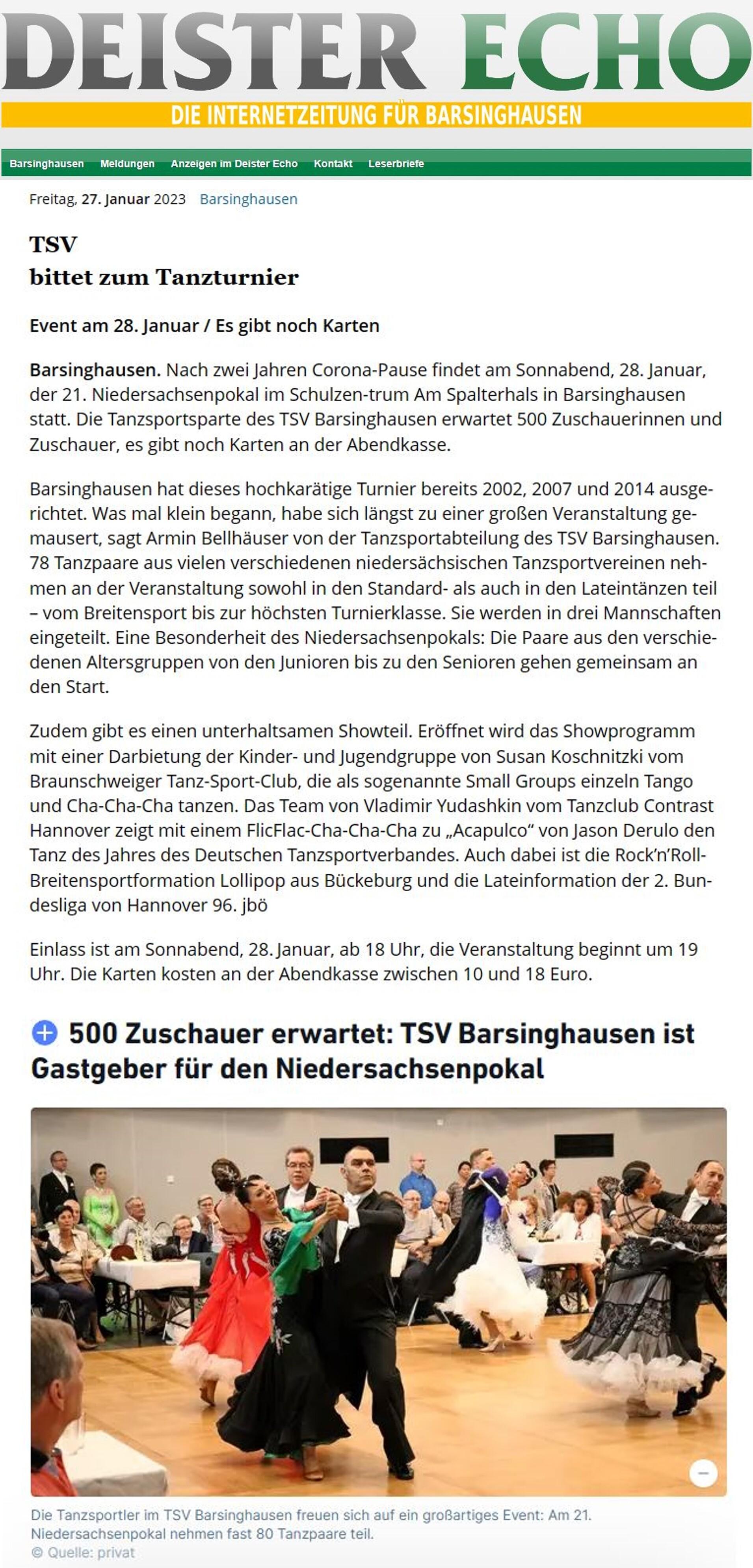 27.01.2023 - Deister Echo - 500 Zuschauer erwartet TSV Barsinghausen ist Gastgeber für den Niedersachsenpokal