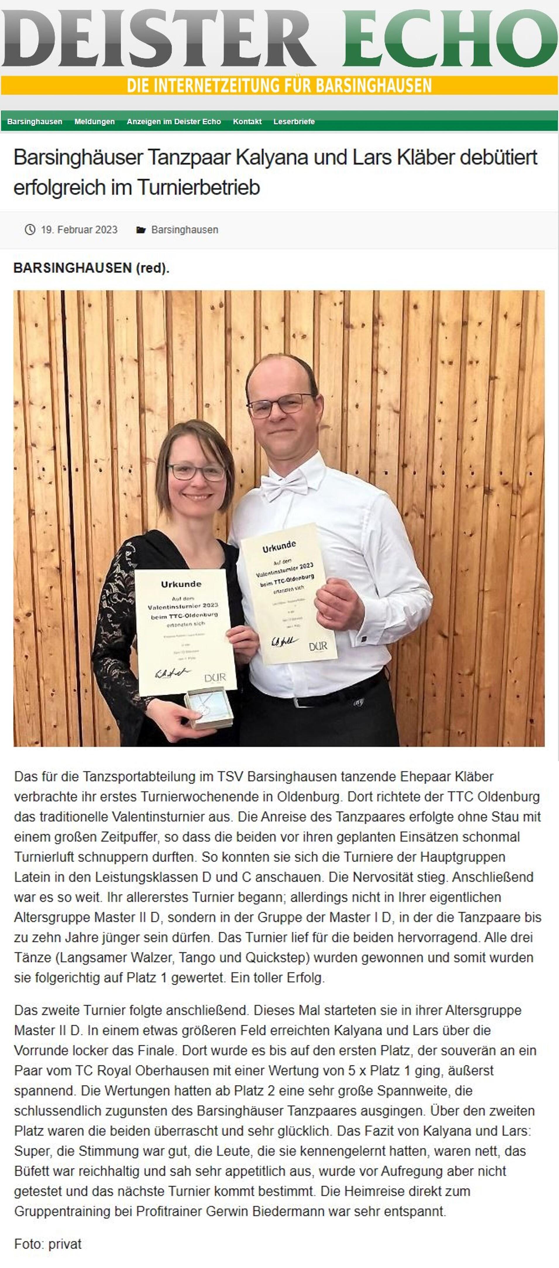 19.02.2023 - Deister Echo - Barsinghäuser Tanzpaar Kalyana und Lars Kläber debütiert erfolgreich im Turnierbetrieb