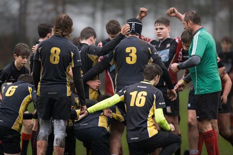 Gruppenspieler auf einem Rugbyfeld umarmen sich, einige tragen die Trikots mit den Nummern 3, 8 und 16.